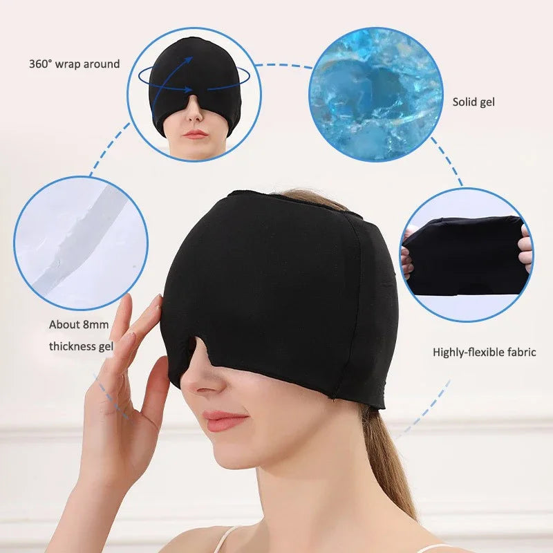 Double-sided Gel(Front & Back Side) Headache and Migraine Hot/Cold Gel Cap Reusable 360° Ice Head Wrap Eyes Mask for Puffy Eyes