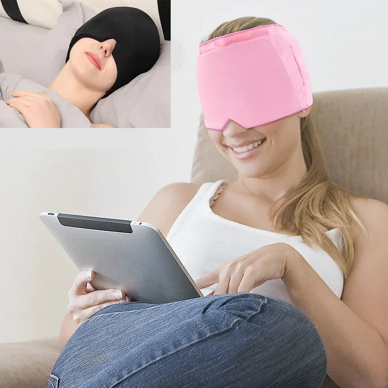 Double-sided Gel(Front & Back Side) Headache and Migraine Hot/Cold Gel Cap Reusable 360° Ice Head Wrap Eyes Mask for Puffy Eyes